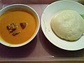 Image 3Fufu (pictured right) is a staple food of West and Central Africa. It is a thick paste made by boiling starchy root vegetables in water and pounding the mixture with a mortar and pestle. Peanut soup is pictured at left (from Cuisine of the Central African Republic)