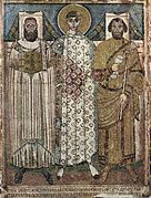 Ο Άγιος Δημήτριος με τον επίσκοπο και τον έπαρχο ως κτήτορες, ψηφιδωτό στον Άγιο Δημήτριο Θεσσαλονίκης, πρώιμος 7ος αι.