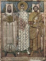 Ο Άγιος Δημήτριος ανάμεσα στον επίσκοπο και τον έπαρχο της πόλης, ως ανακαινιστές του ναού. Ψηφιδωτό του 5ου αι. στον Άγιο Δημήτριο Θεσσαλονίκης.