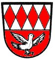 Gemeinde Oberschweinbach (1971–1981) Geteilt von Silber und Rot; oben nebeneinander vier senkrecht stehende, durchgehende, rote Rauten, unten eine nach links auffliegende silberne Lerche. (Die Gemeinde nahm 1981 ein neues Wappen an.)