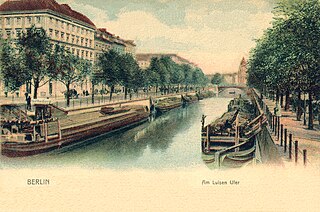 Luisenstädtischer Kanal, um 1905, Blick vom Oranienplatz auf das Luisenufer und die St.-Michael-Kirche in Richtung Nordost