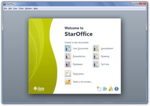 Bildschirmausdruck der StarOffice-Version 9.1.0 unter Windows 7 (englische Version, Startbildschirm)