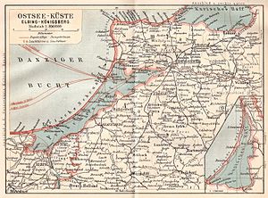 Preußisch Eylau, nordöstlich von Elbing, östlich von Braunsberg und südlich von Königsberg auf einer Landkarte von 1910