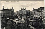 Viktoria-Luise-Platz, im Hintergrund befährt vor der Motzstraße ein Triebwagen die Schleife, um 1908