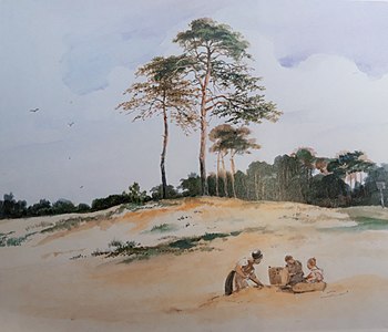 Carl Blechen: Märkische Landschaft mit Kiefern und sandschaufelnden Figuren, um 1830, Nationalgalerie Berlin