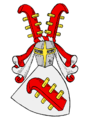 Familienwappen derer von Ramin <ref>von Ramin: Das Wappen zeigt in Silber einen roten Steighaken mit drei goldenen Quersprossen. Auf dem Helm mit rot-silbernen Decken zwei fächerartig gestellte Steighaken.