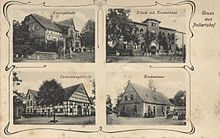 Ansichtskarte vom Pollertshof mit der Gruppe Haupthaus, Schule, Knabenhaus und Ökonomiegebäude