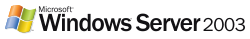 Versionslogo: links das neue stilisierte Windows-„Fenster“ wie bei Windows XP, rechts daneben die Schriftzüge „Microsoft (R)“ (klein) und „Windows Server 2003 (R)“ im Design von Windows 2000