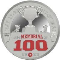 Silver coin including an outline of the Memorial Cup trophy, with a poppy and the number 100 both in red, superimposed in the foreground