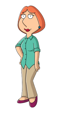 A cartoon drawing of a lady with red hair or ginger hair, with her hand on her hip, red hair, and a blue-green blouse with tan pants.