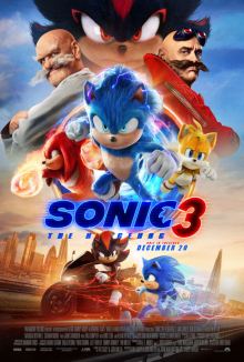 On top, Shadow, followed by Ivo (on the right, the younger one) and Gerald Robotnik (on the left with a white mustache and jacket), and Sonic, Tails, and Knuckles coming out of a ring portal. On the bottom, Sonic chases after Shadow who is seen riding a G.U.N. motorcycle near London.