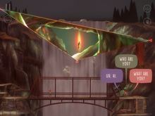 Screenshot of the game. Three characters walk along a bridge path over a ravine in a wooded landscape.