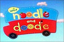 A bus shaped logo with the words Noodle and Doodle, with fruits and buttons for O's.