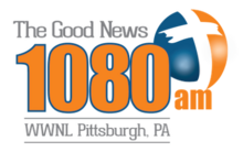 Logo saying "The Good News 1080 am WWNL Pittsburgh, PA" with a cross on the right