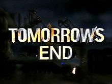 The Tomorrow's End title screen, styled in large and reflective silver letters, reflecting a large fire, title font on top of a background showing a dystopian Sydney, the Sydney Harbour Bridge in ruins,