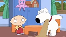 A screenshot of the Family Guy episode 'Quagmire's Dad', showcasing Brian Griffin vomiting upon learning that he slept with a trans woman