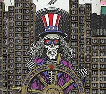 A skeleton with an Uncle Sam hat piloting a sailing ship with a concert sound system