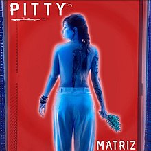 A picture of Pitty in shades of blue against a blood red background.