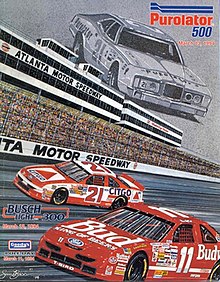 The 1994 Purolator 500 program cover, featuring Morgan Shepherd, Bill Elliott, and David Pearson. Artwork by NASCAR artist Sam Bass.