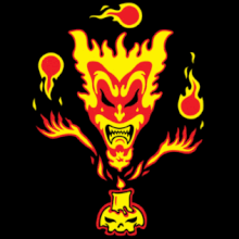 a monstrous grimacing clown mask emerges from a candle on a skull juggling fireballs