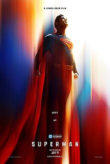 David Corenswet as Superman gazing upwards as he takes flight, while the red, yellow, and blue colors of his suit blur into the background. The tagline "Look Up" is inscribed below him, with the film's logo and release date on the bottom.