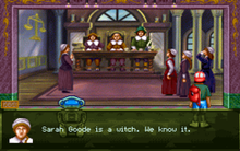 A screenshot from the DOS version of Museum Madness showing the player character and MICK the robot at the "Salem Witch Trials" museum exhibit.