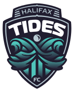 A club crest in the shape of a ship's bow, with waves forming the letter "x" crashing in front of it. The words "Halifax Tides" are written across the top of the ship, and "FC" is written below the waves.