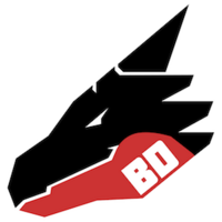 A stylised dragon's head in black, white and red, facing left. The dragon's jawbone is in red; on it are the initials "BD".