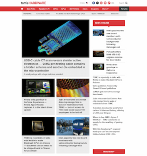 Screenshot of Tom's Hardware showing various content