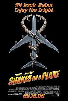 Text at the center of the image says "Snakes on a Plane". Behind it is an overhead view of a jet passenger airplane with two snakes coiled around it. Towards the cockpit of the image the snakes' heads face each other with their mouths open and fangs and teeth shown. The background is all black.