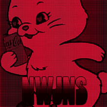 NewJeans' cartoon rabbit mascot tinted in red with black outlines holding a can of Coke Zero, with the group's name below in the same color scheme