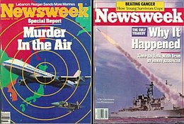 Juxtaposition of two Newsweek covers. On the left, KAL007 is framed within a bullseye with the caption "Murder in the air", while on the right a photograph of a missile launcher is captioned simply with "Why it happened", framing it as a tragic mistake