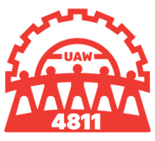 The UAW 4811 logo: in red, a gear rising over silhouetted figures holding hands.