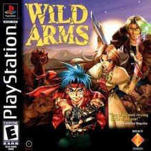 Three anime-style characters (a man, a woman and another man) stand in the foreground poised to attack. In the background is a rocky barren desert landscape. The title, "Wild Arms", is in the top left corner stylized with the letters shattered.