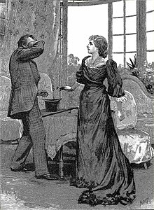 white woman in Victorian day clothes standing by man in a suit clutching his face