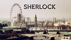 A view of the London skyline, with the word "Sherlock" in black letters.