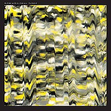 An abstract painting of wavy horizontal lines of black, gray, white, and yellow.