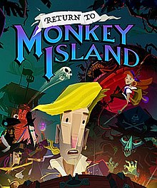 Close-up of Guybrush Threepwood gazing in amazement at the contents, not shown, of a chest radiating light. Behind him are the game's main characters in different poses and, in the background, a pirate ship and the giant monkey head of Monkey Island. The logo with the name of the game is superimposed at the top of the image.