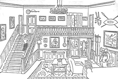 interior of large room in 20th-century country house, with staircase between large sitting room and first-floor balcony with doors and windows off