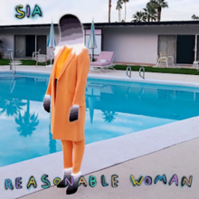 An image of a woman in an orange suit with striped grey blobs for a head and hands standing in front of a pool