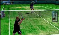 Player character human male about to serve a tennis ball with racket in a tennis court, opponent on the far end.