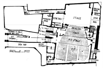 architect's drawing of interior layout of a theatre, showing auditorium, stage, ancillary rooms and entrances