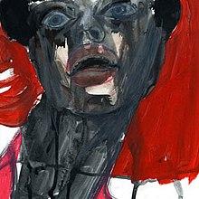 rough painting of a shocked-looking face on a red and white background.