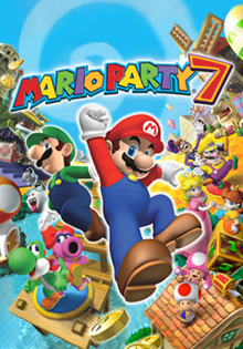 Packaging artwork, depicting all 12 of the game's playable characters (Mario, Luigi, Princess Peach, Yoshi, Wario, Princess Daisy, Waluigi, Toad, Boo, Toadette, Birdo, and Dry Bones) and several of the game boards