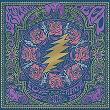 A lightning bolt with roses, dancing skeletons, and other decorative elements