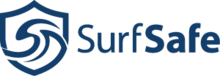 The words "SurfSafe" in blue text in a sans serif typeface, with the "Safe" in boldface. On the left is a shield shape filled with what appear to be ocean waves.