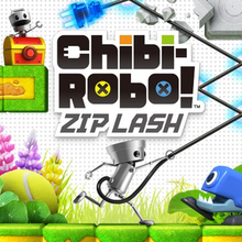 A 3D render of a small robot running along the ground while throwing a power cord in front of itself that ricochets between the image's border and the game's logo