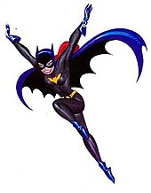 Typical depiction of Batgirl from Batman: The Animated Series: grey body-suit; blue scalloped gloves, cowl, and cape; yellow belt and bat-emblem.