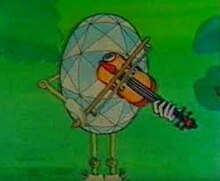 still from the cartoon series showing the main egg-shaped character playing the violin with mechanical arms