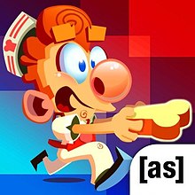 A red-haired man wearing a soda jerk hat is carrying a slice of bread while running.